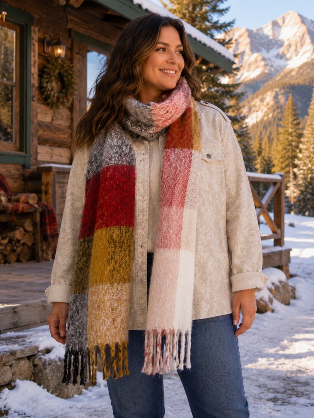 Lucky Brand Oversized Plaid Blanket Scarf Multicolor Fringe 18x72